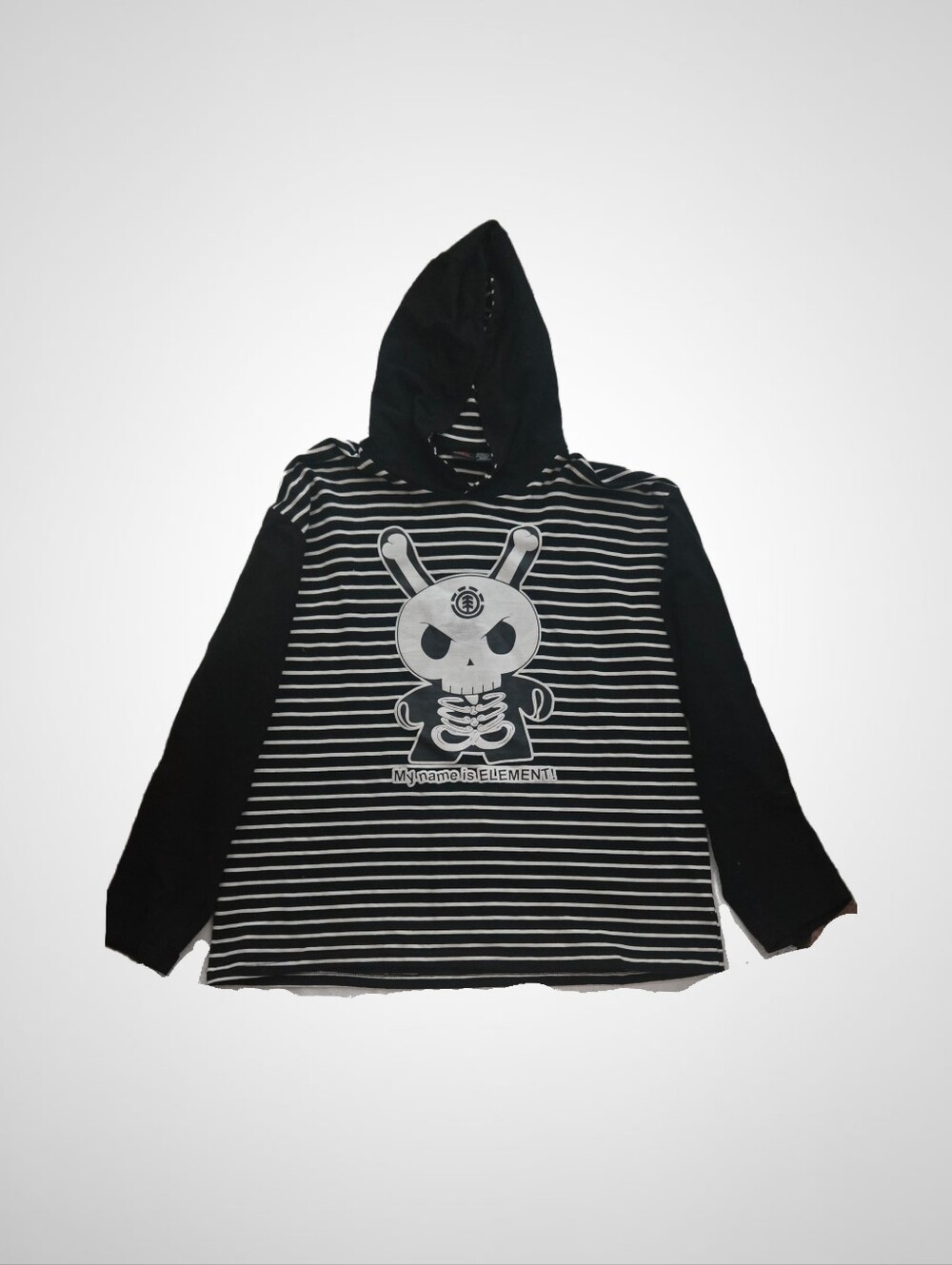 Elementi Black & White Striped Hoodie with Skull Bunny Graphic